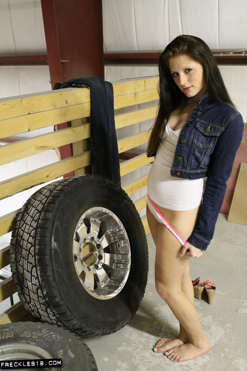 Teen hottie Freckles 18 strips to her panties and jacket in the auto shop #54413691