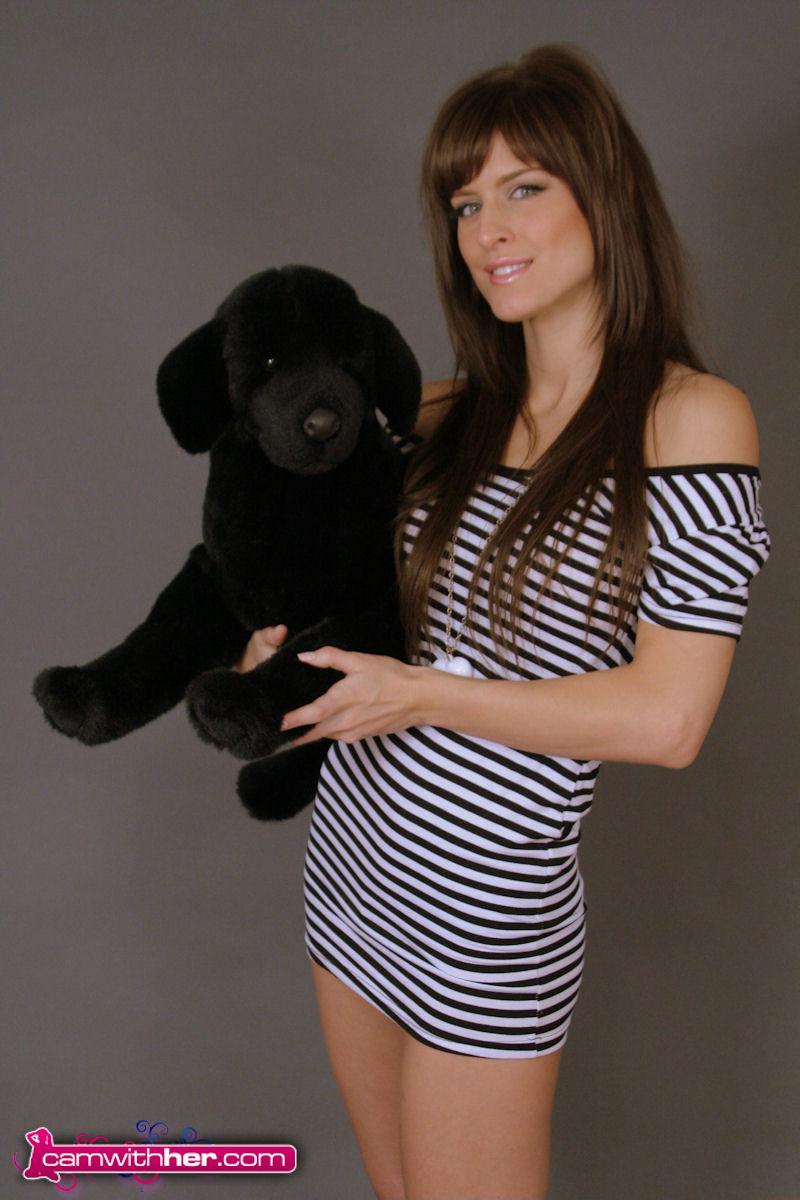 Femme teases in a sexy tight dress with a stuffed puppy dog #54376232