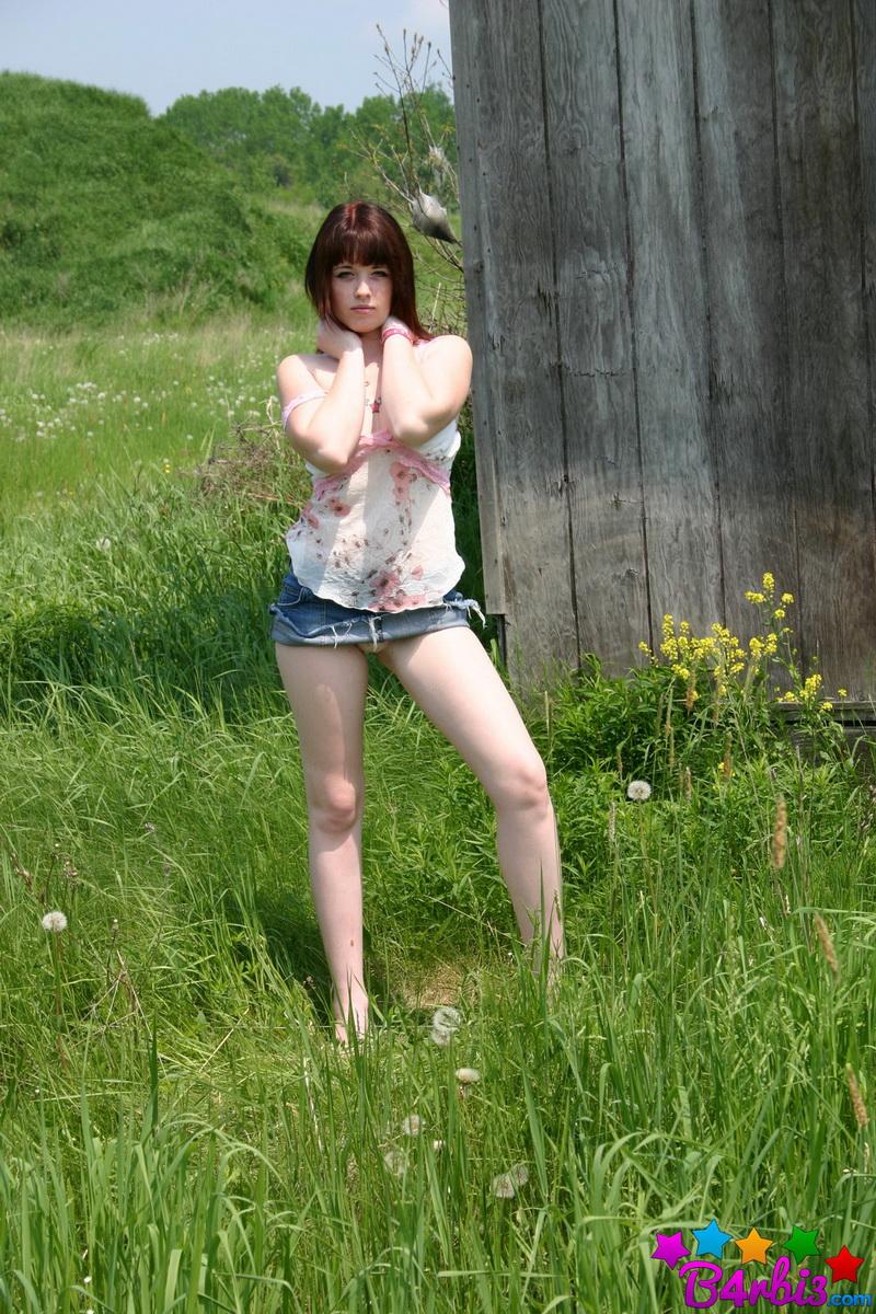 Perfect perky teen Barbie gets naked outdoors behind the barn at the farm #53414664