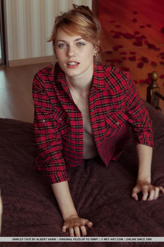 Redhead cutie Shirley Tale strips out of her flannel shirt and black panties #60605121