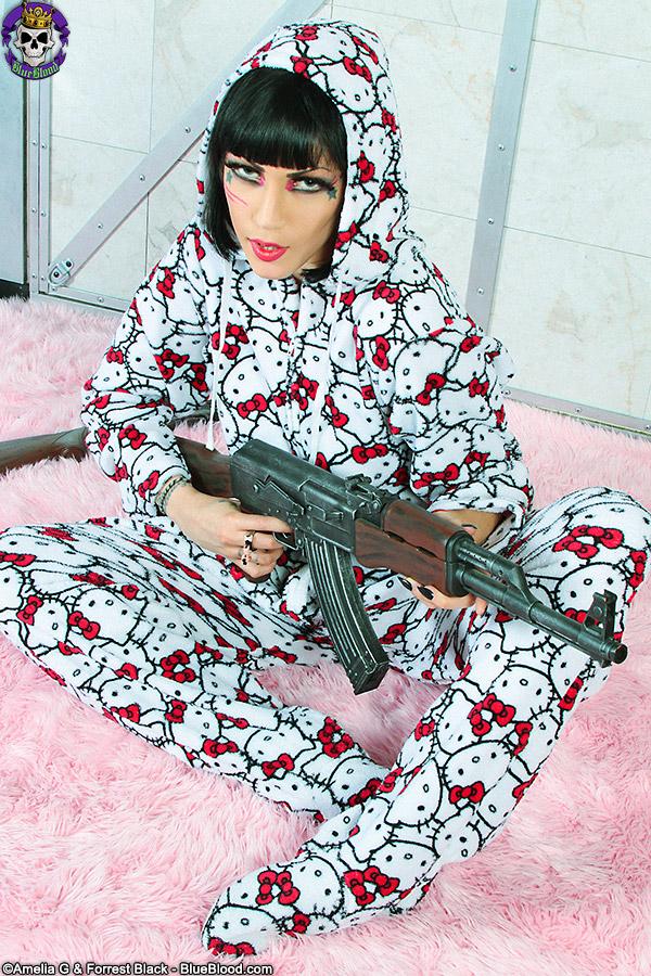 Gunned-up goth teen Asphyxia Noir rocking her Hello Kitty onesie #53347998
