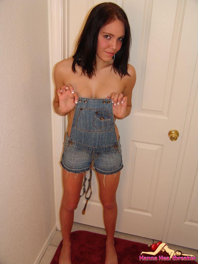 Pictures of Hanna looking hot in sexy overalls in hallway #54638955