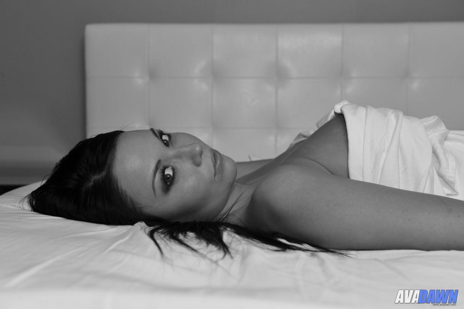 Pictures of teen nympho Ava Dawn in bed in black and white #53378665