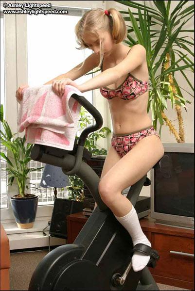 Blond teen in pigtails flashes while exercising #53336117