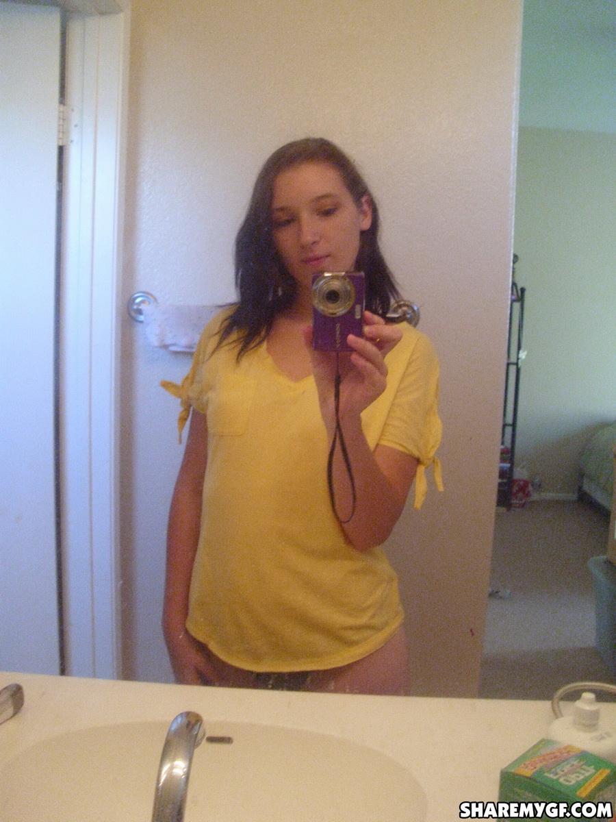 Petite brunette coed takes selfies of herself in sheer black panties #60794461
