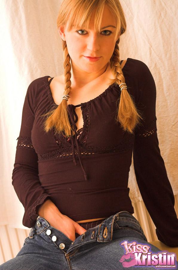 Blonde teen Kristin teases in her hot braided pigtails #58756189