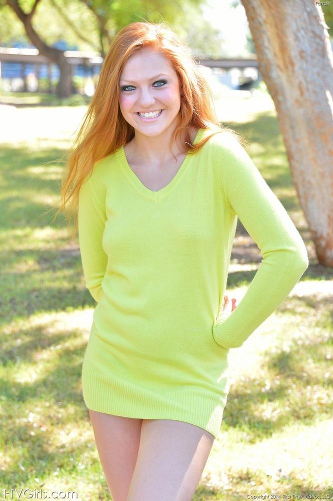Beautiful redhead girl Farrah strips out of her summer green dress #54354278
