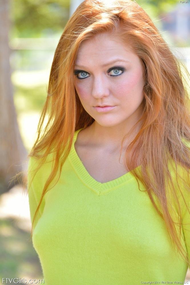 Beautiful redhead girl Farrah strips out of her summer green dress #54354414