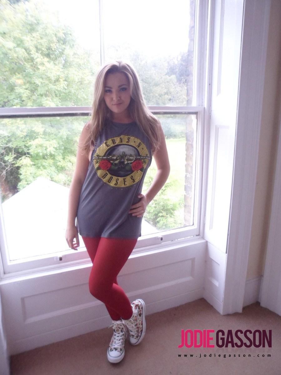 Jodie Gasson strips from her rock and roll shirt and tight red pants #55556542